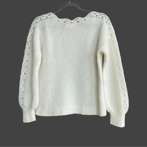 SEZANE Ecru Cream Mohair Wool Scalloped Lace Panel Balloon Sleeve Stacy Sweater - Picture 9 of 17